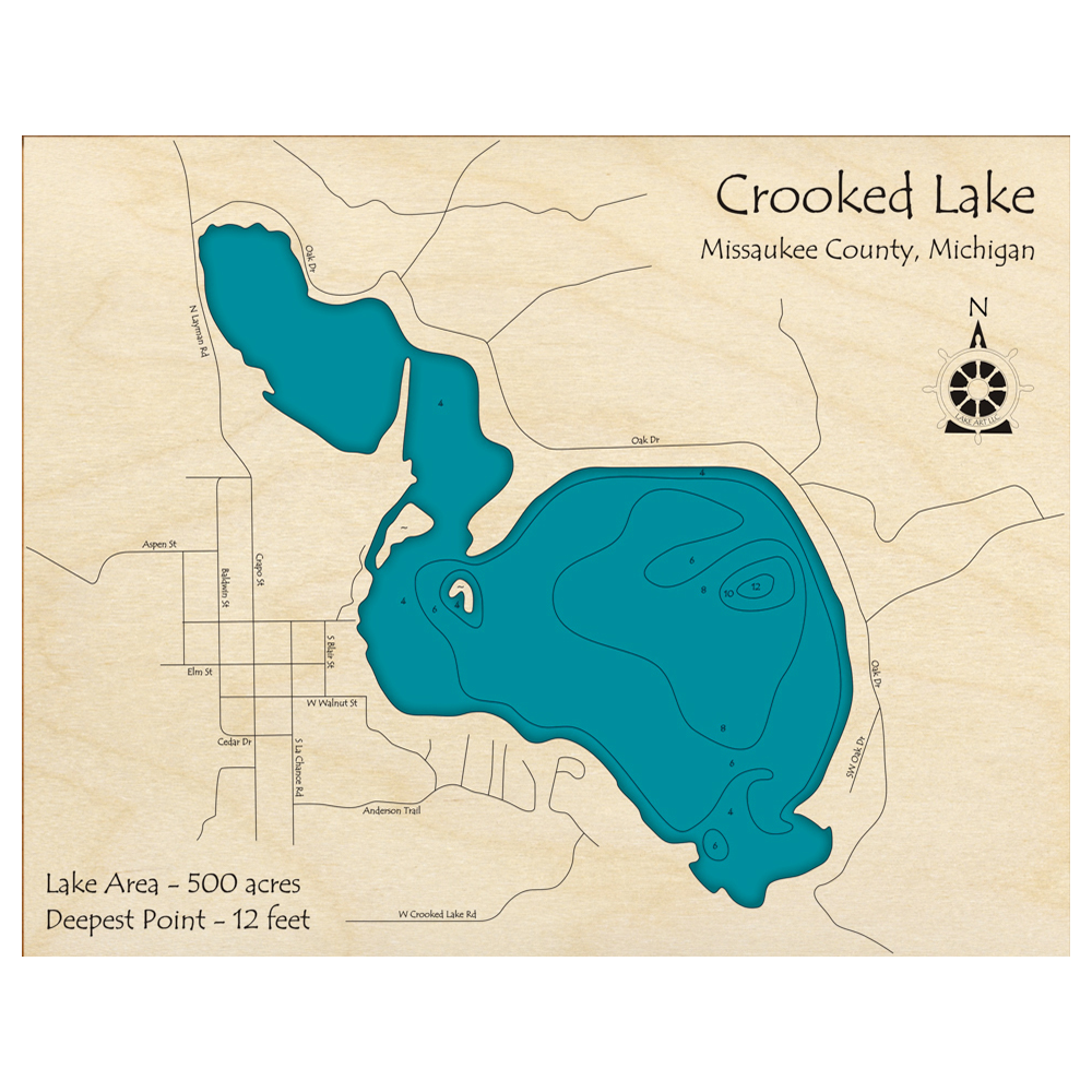 Bathymetric topo map of Crooked Lake, MI with roads, towns and depths noted in blue water.