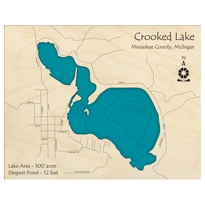 Bathymetric topo map of Crooked Lake, MI with roads, towns and depths noted in blue water.