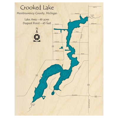 Bathymetric topo map of Crooked Lake, MI with roads, towns and depths noted in blue water.