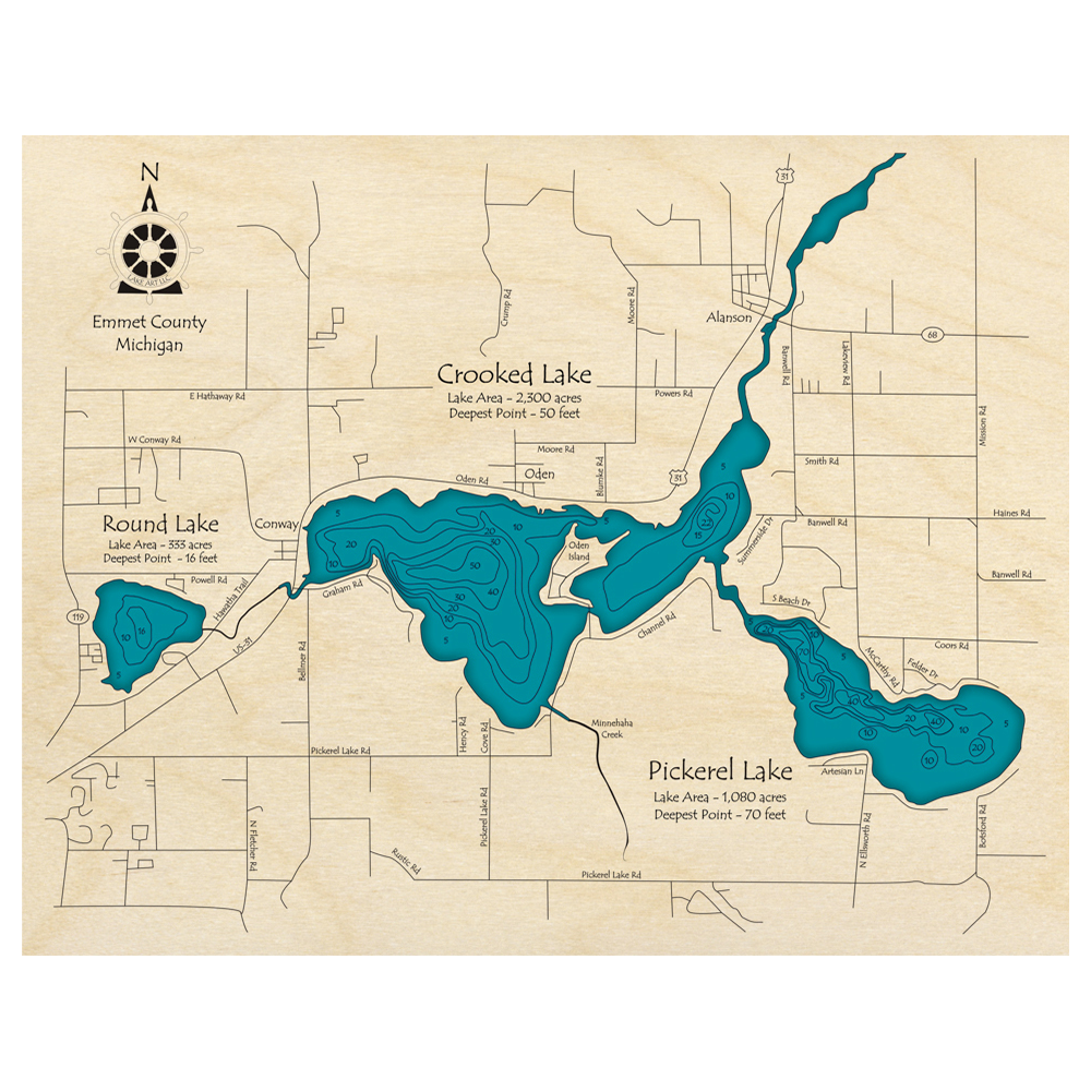 Bathymetric topo map of Crooked Lake, MI with roads, towns and depths noted in blue water.
