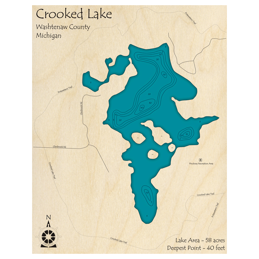 Bathymetric topo map of Crooked Lake, MI with roads, towns and depths noted in blue water.
