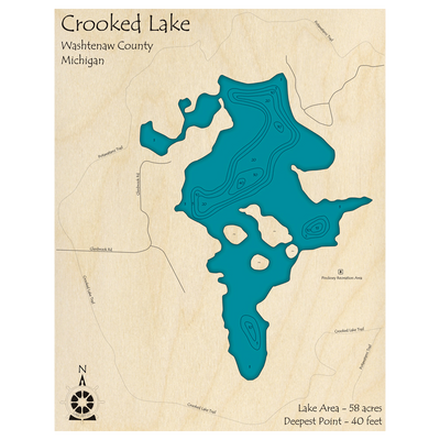 Bathymetric topo map of Crooked Lake, MI with roads, towns and depths noted in blue water.