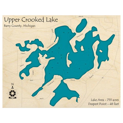 Bathymetric topo map of Crooked Lake, MI with roads, towns and depths noted in blue water.