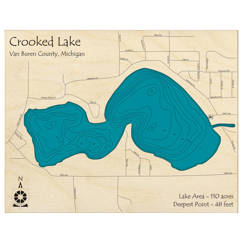 Bathymetric topo map of Crooked Lake, MI with roads, towns and depths noted in blue water.
