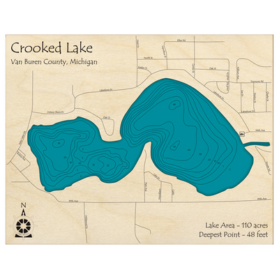 Bathymetric topo map of Crooked Lake, MI with roads, towns and depths noted in blue water.