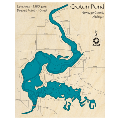 Bathymetric topo map of Croton Dam Pond, MI with roads, towns and depths noted in blue water.