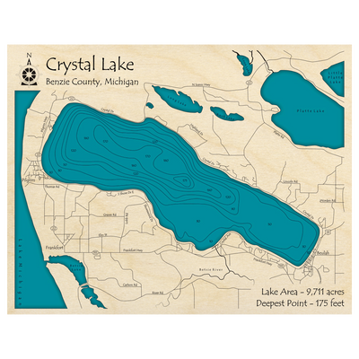 Bathymetric topo map of Crystal Lake, MI with roads, towns and depths noted in blue water.