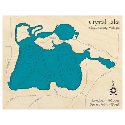 Bathymetric topo map of Crystal Lake, MI with roads, towns and depths noted in blue water.