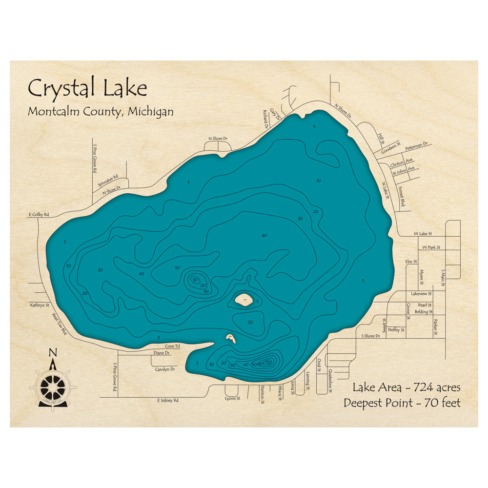Bathymetric topo map of Crystal Lake, MI with roads, towns and depths noted in blue water.