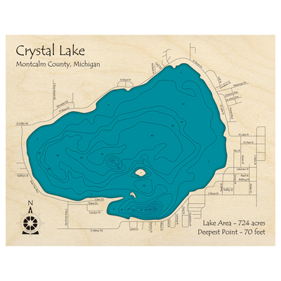 Bathymetric topo map of Crystal Lake, MI with roads, towns and depths noted in blue water.