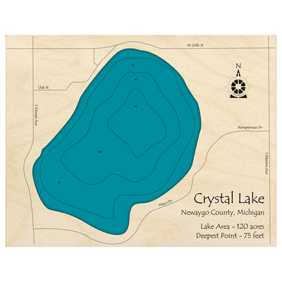 Bathymetric topo map of Crystal Lake, MI with roads, towns and depths noted in blue water.