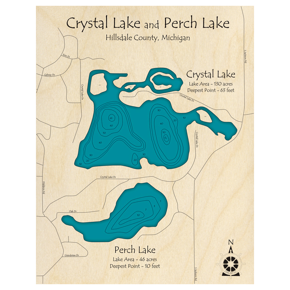 Bathymetric topo map of Crystal Lake with Perch Lake, MI with roads, towns and depths noted in blue water.
