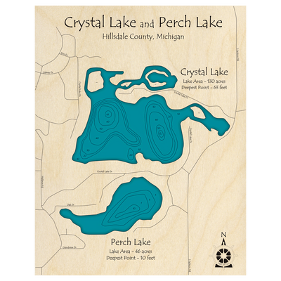 Bathymetric topo map of Crystal Lake with Perch Lake, MI with roads, towns and depths noted in blue water.