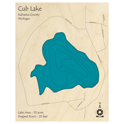 Bathymetric topo map of Cub Lake, MI with roads, towns and depths noted in blue water.