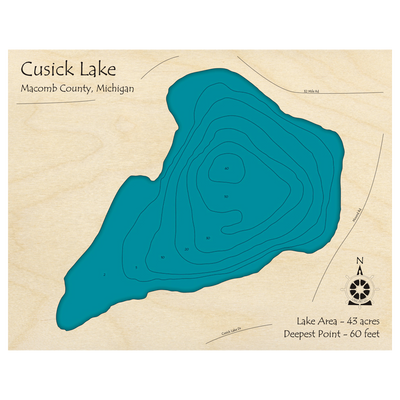 Bathymetric topo map of Cusick Lake, MI with roads, towns and depths noted in blue water.