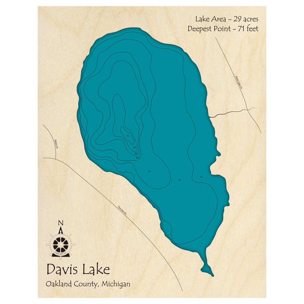 Bathymetric topo map of Davis Lake, MI with roads, towns and depths noted in blue water.