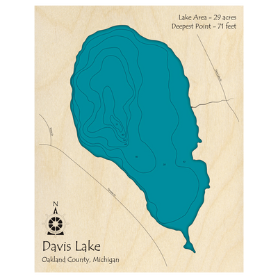 Bathymetric topo map of Davis Lake, MI with roads, towns and depths noted in blue water.