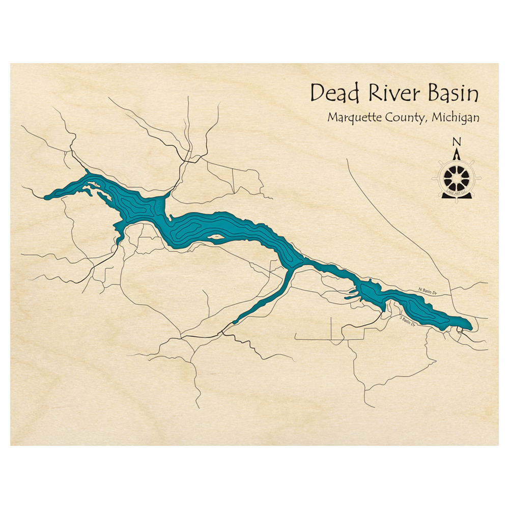 Bathymetric topo map of Dead River Basin, MI with roads, towns and depths noted in blue water.