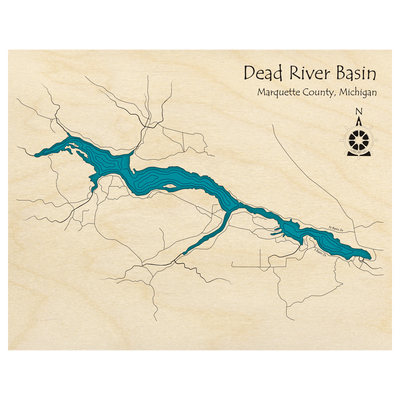 Bathymetric topo map of Dead River Basin, MI with roads, towns and depths noted in blue water.