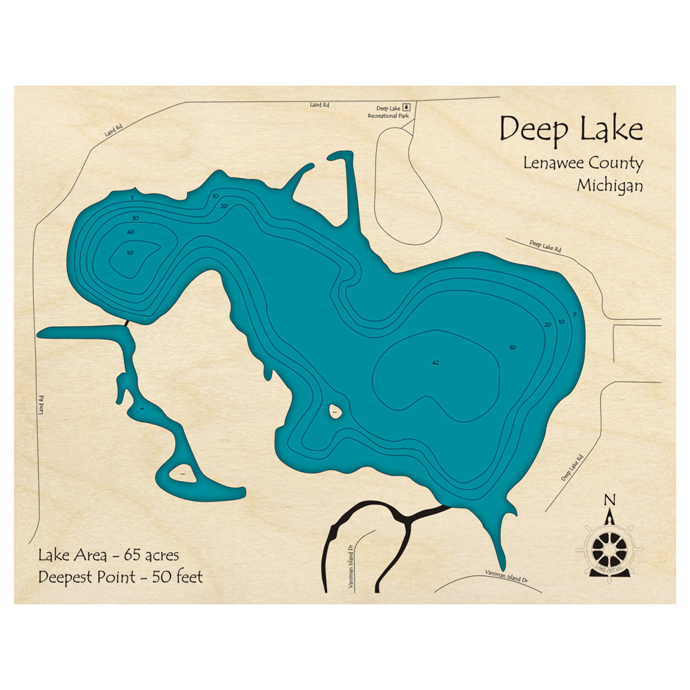 Bathymetric topo map of Deep Lake, MI with roads, towns and depths noted in blue water.