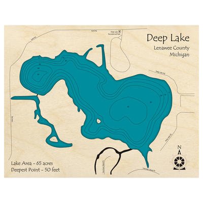 Bathymetric topo map of Deep Lake, MI with roads, towns and depths noted in blue water.