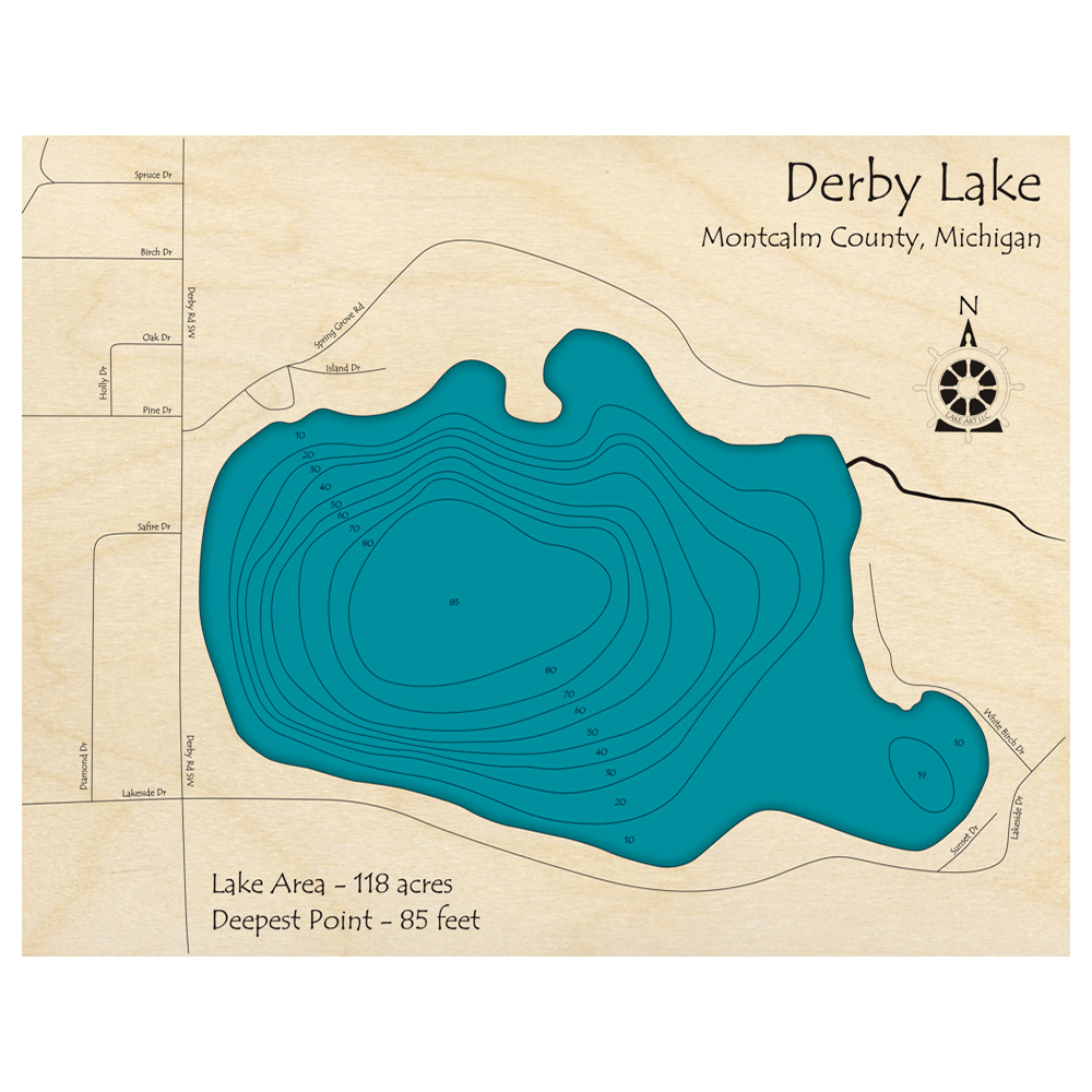 Bathymetric topo map of Derby Lake, MI with roads, towns and depths noted in blue water.