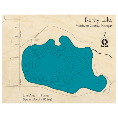 Bathymetric topo map of Derby Lake, MI with roads, towns and depths noted in blue water.