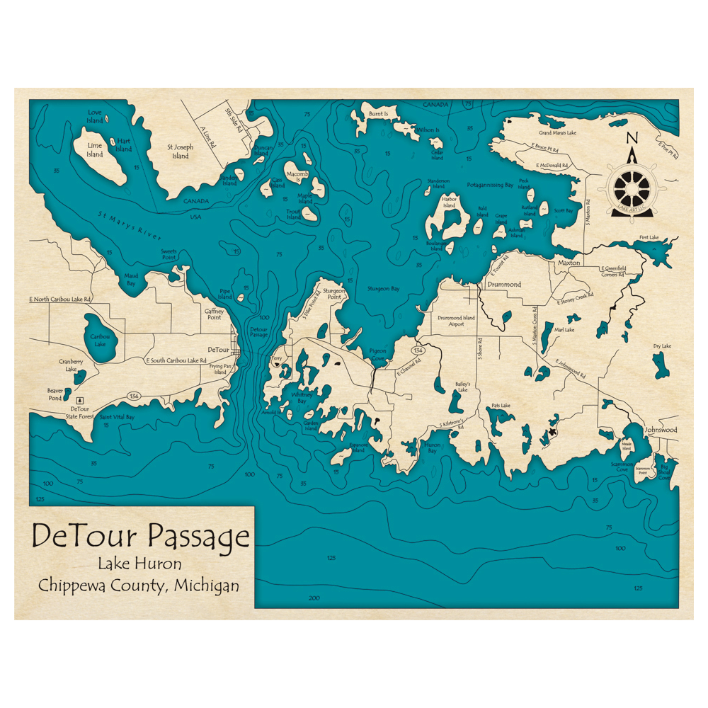 Bathymetric topo map of Detour Passage, MI with roads, towns and depths noted in blue water.