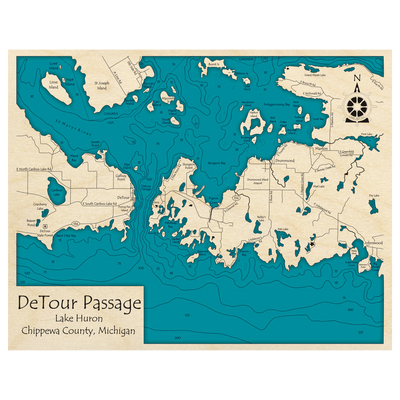 Bathymetric topo map of Detour Passage, MI with roads, towns and depths noted in blue water.