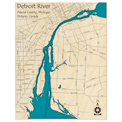 Bathymetric topo map of Detroit River, MI with roads, towns and depths noted in blue water.