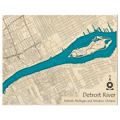 Bathymetric topo map of Detroit River, MI with roads, towns and depths noted in blue water.
