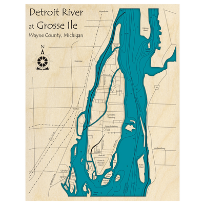 Bathymetric topo map of Grosse Ile - Detroit River, MI with roads, towns and depths noted in blue water.