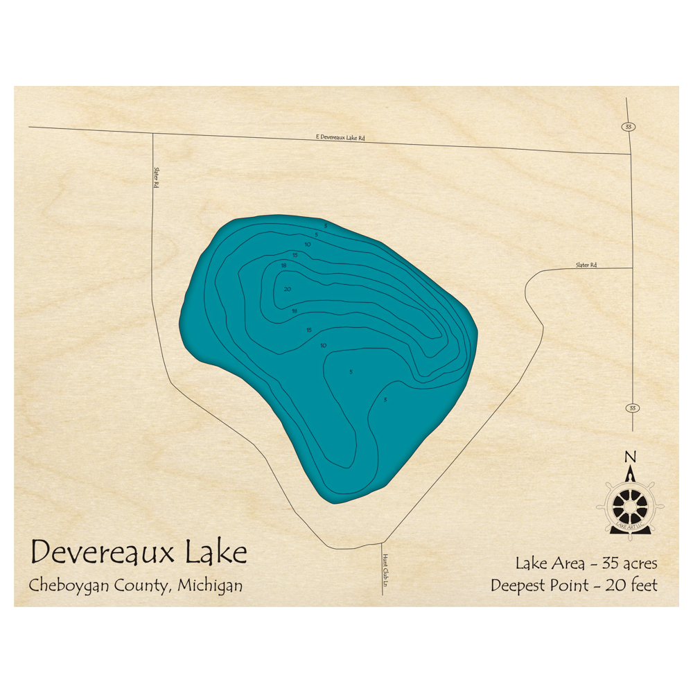 Bathymetric topo map of Devereaux Lake, MI with roads, towns and depths noted in blue water.