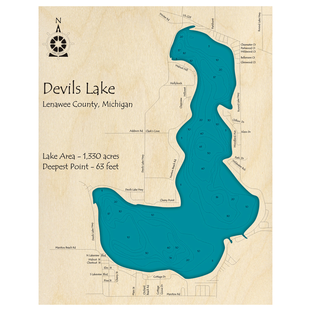 Bathymetric topo map of Devils Lake, MI with roads, towns and depths noted in blue water.