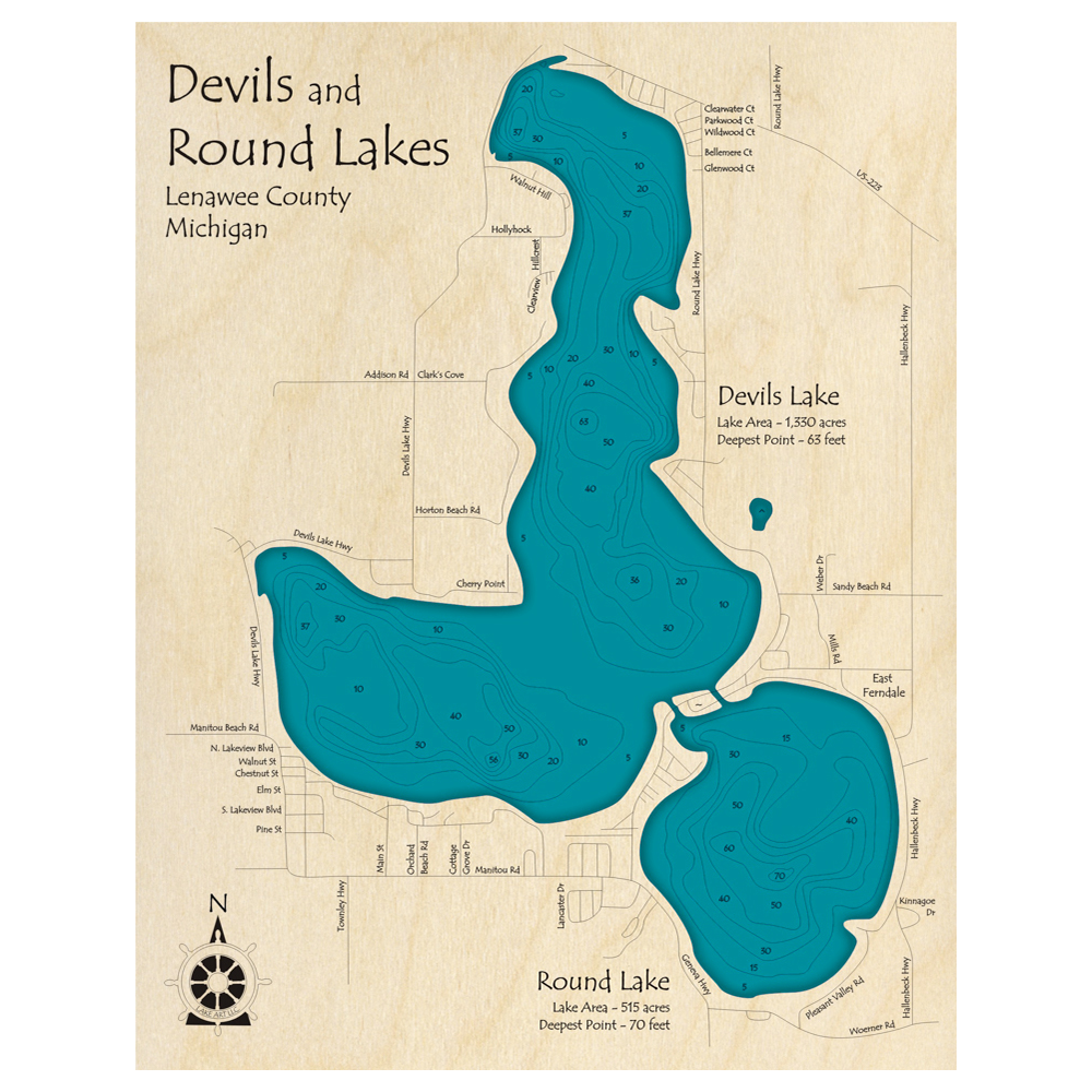 Bathymetric topo map of Devils Lake, MI with roads, towns and depths noted in blue water.