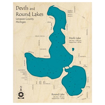 Bathymetric topo map of Devils Lake, MI with roads, towns and depths noted in blue water.