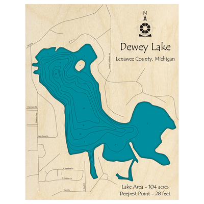 Bathymetric topo map of Dewey Lake, MI with roads, towns and depths noted in blue water.