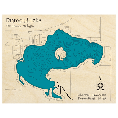 Bathymetric topo map of Diamond Lake, MI with roads, towns and depths noted in blue water.
