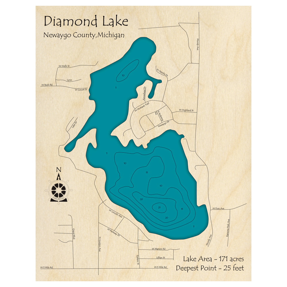 Bathymetric topo map of Diamond Lake, MI with roads, towns and depths noted in blue water.