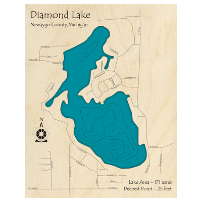 Bathymetric topo map of Diamond Lake, MI with roads, towns and depths noted in blue water.