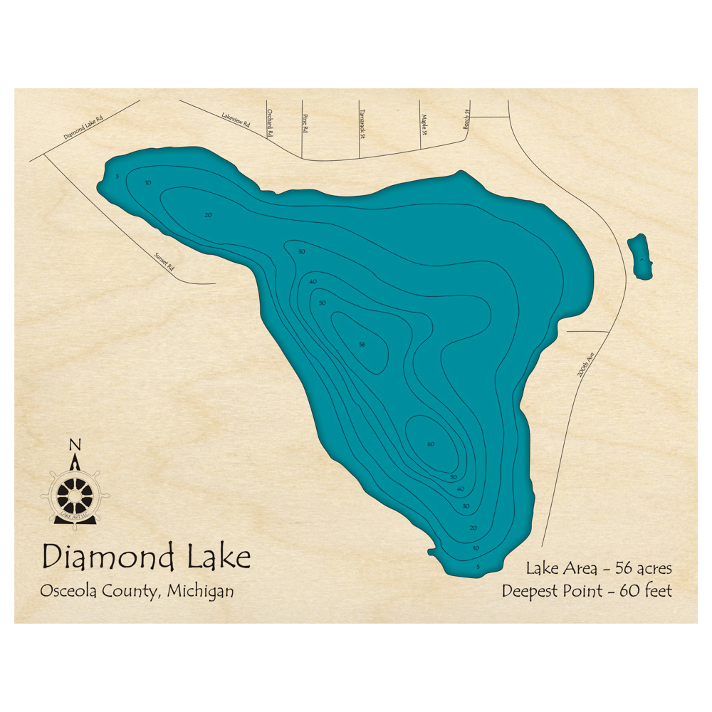 Bathymetric topo map of Diamond Lake, MI with roads, towns and depths noted in blue water.