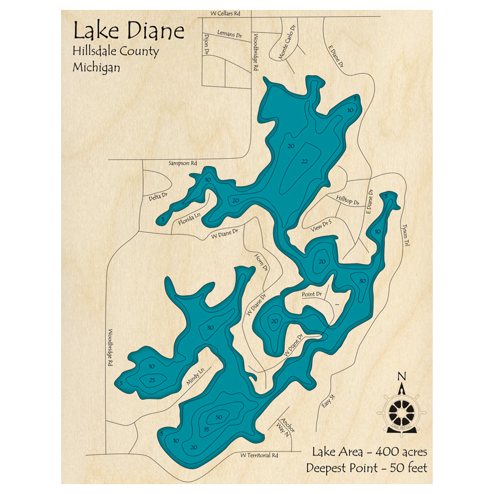 Bathymetric topo map of Lake Diane, MI with roads, towns and depths noted in blue water.