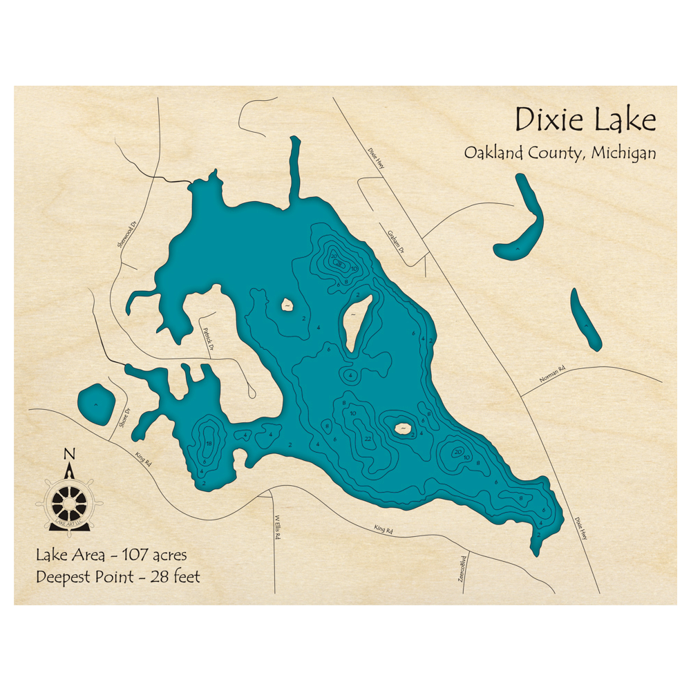 Bathymetric topo map of Dixie Lake, MI with roads, towns and depths noted in blue water.