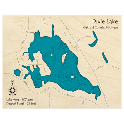 Bathymetric topo map of Dixie Lake, MI with roads, towns and depths noted in blue water.
