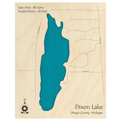 Bathymetric topo map of Dixon Lake, MI with roads, towns and depths noted in blue water.