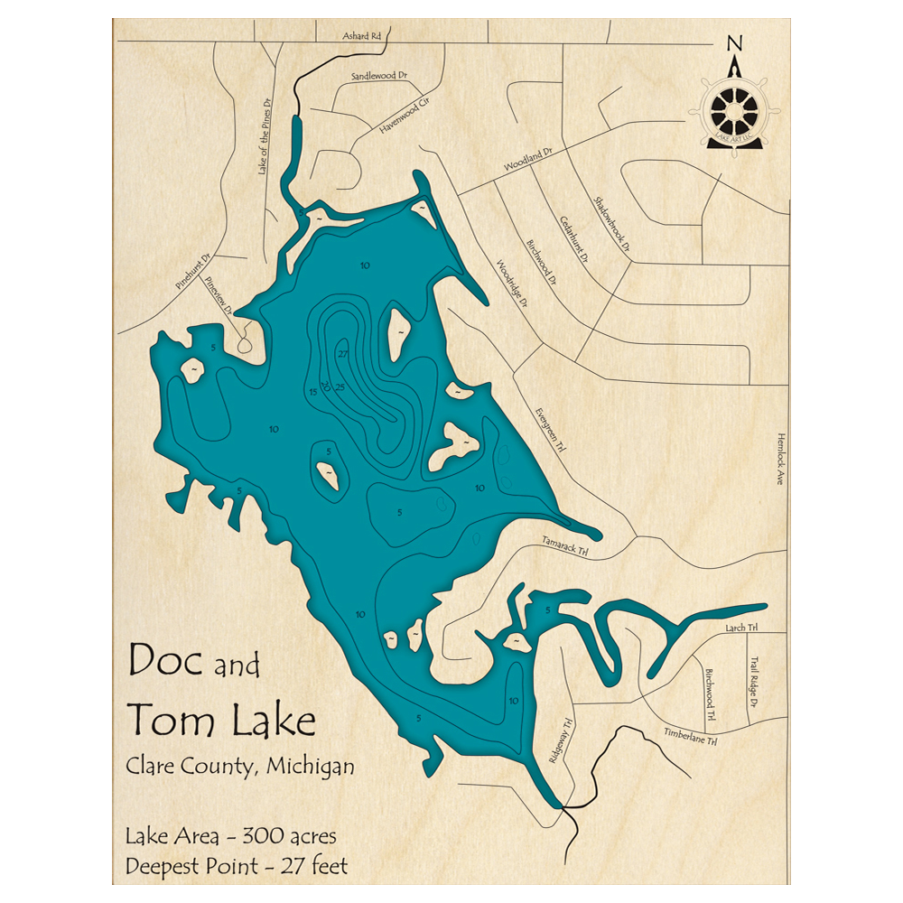 Bathymetric topo map of Doc and Tom Lake, MI with roads, towns and depths noted in blue water.