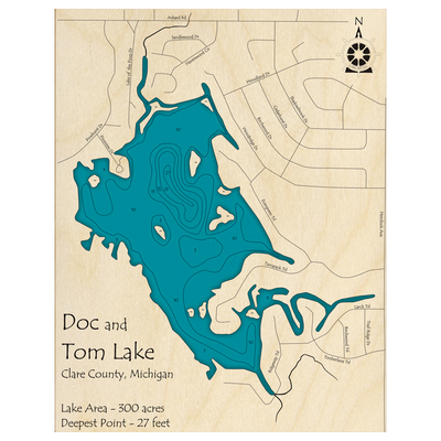 Bathymetric topo map of Doc and Tom Lake, MI with roads, towns and depths noted in blue water.