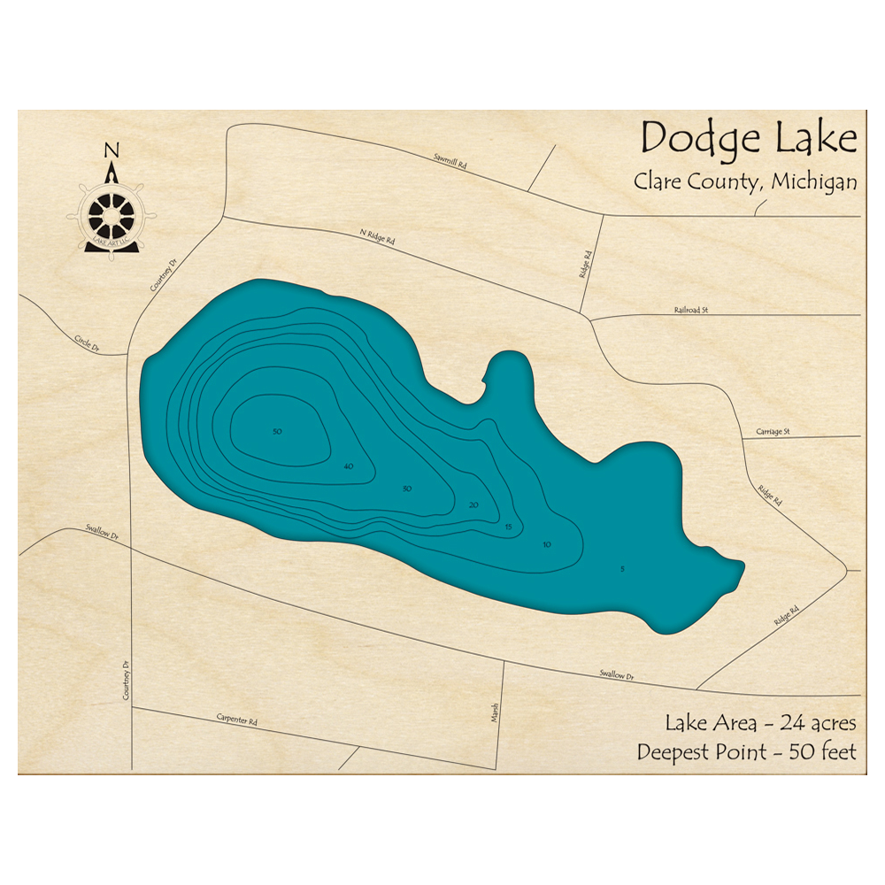 Bathymetric topo map of Dodge Lake, MI with roads, towns and depths noted in blue water.