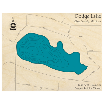 Bathymetric topo map of Dodge Lake, MI with roads, towns and depths noted in blue water.