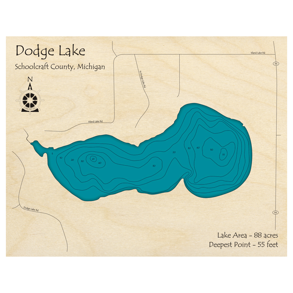 Bathymetric topo map of Dodge Lake, MI with roads, towns and depths noted in blue water.